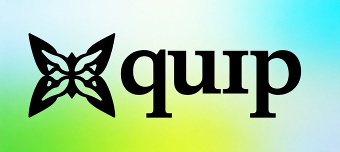 The focus of this image is a logo for a company named Quip, which features an illustration of a butterfly on a white background with black text displaying "quip". The logo is positioned at the top center of the image. In the caption provided, Quip Network suggests that the company could be related to cryptocurrency or blockchain technology and keeps coming up in discussions about these topics.
