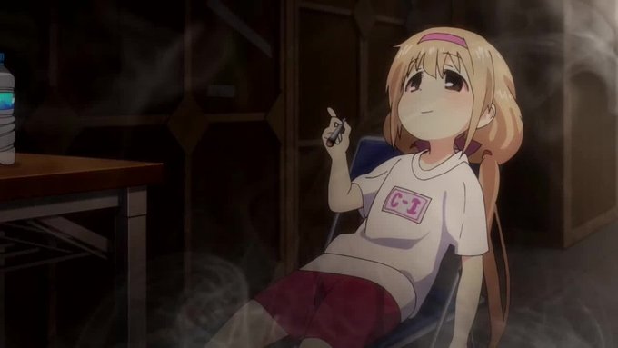 An anime girl with a "C-I" logo on her shirt sits in a chair, holding what appears to be a vape, while steam swirls around her. This image visually represents the relaxed and confident posture described in the accompanying post about the user's investment strategy.