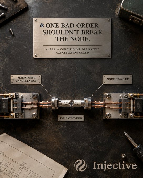 An Injective graphic titled 'ONE BAD ORDER SHOULDN'T BREAK THE NODE' about v1.20.1 'CONDITIONAL DERIVATIVE CANCELLATION GUARD', showing mechanical components labeled 'MALFORMED CANCELLATION', 'NODE STAYS UP', and 'FAULT CONTAINED'.