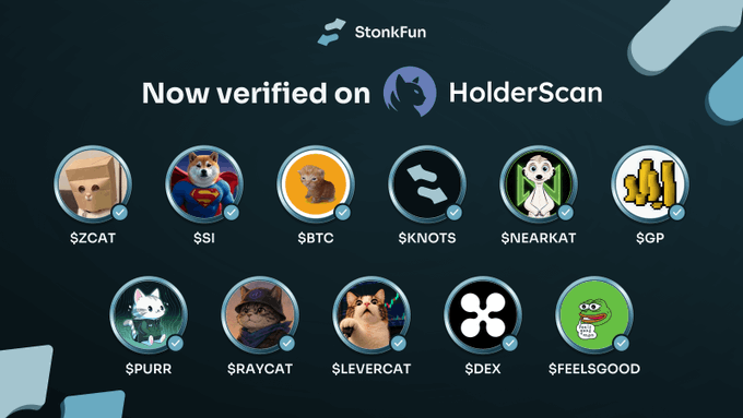 The image displays a promotional graphic for StonkFun announcing "Now verified on HolderScan," featuring 11 meme coin tickers with checkmarks: $ZCAT, $SI, $BTC, $KNOTS, $NEARKAT, $GP, $PURR, $RAYCAT, $LEVERCAT, $DEX, and $FEELSGOOD. This relates to the post by highlighting $SI (Super Inu) among the newly verified tokens on the HolderScan platform.