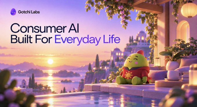 A promotional graphic for 'Gotchi Labs' with the tagline 'Consumer AI Built For Everyday Life,' featuring a green cartoon creature wearing a sun-patterned sweater beside a sunset pool scene.