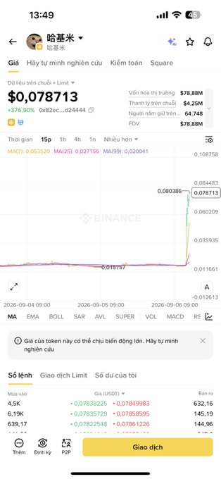 A Binance app screenshot showing a cryptocurrency's price chart in Vietnamese, displaying a value of ₫0,078713 with a massive 376.90% increase, alongside order book data.