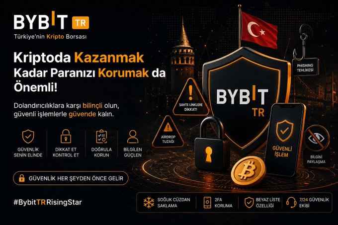 A Turkish-language promotional graphic for the cryptocurrency exchange Bybit TR, featuring security shields, a Bitcoin coin, the Galata Tower, and Turkish flag, with text emphasizing crypto security and listings for features like cold wallet storage, 2FA, and whitelist features.