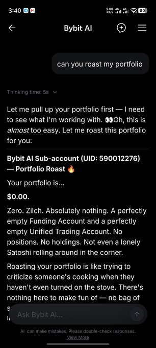 A screenshot of a Bybit AI chat interface where the user asked 'can you roast my portfolio.' The AI response humorously roasts an empty $0.00 portfolio with 'Zero. Zilch. Absolutely nothing.'