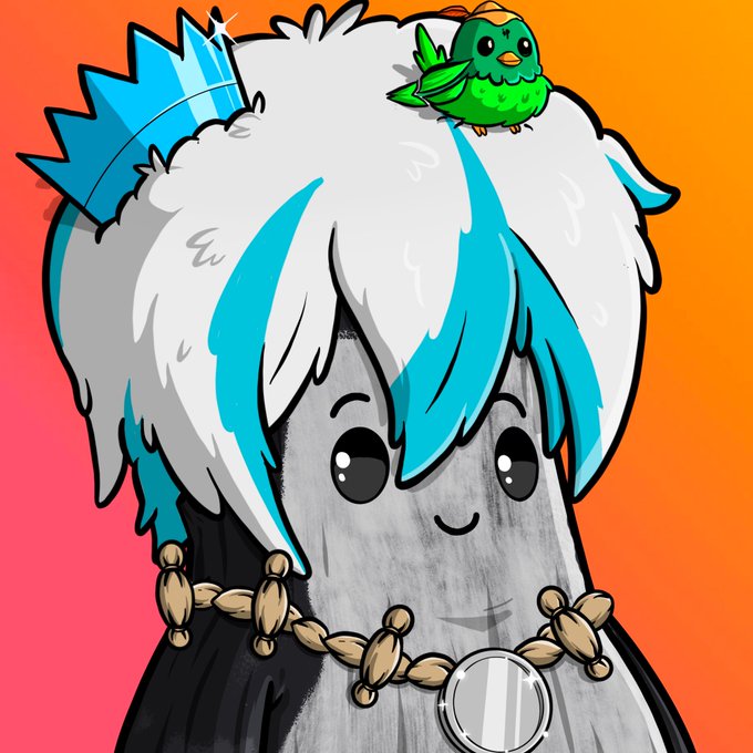 A digital illustration of a cute character with white and cyan hair, a small blue crown, and a green parrot perched on their head, wearing a beaded necklace with a pendant. The artwork is an honorary piece featuring BrightAvian as the main character, with the green parrot serving as the hidden RobbieOnRH easter egg referenced in the caption.