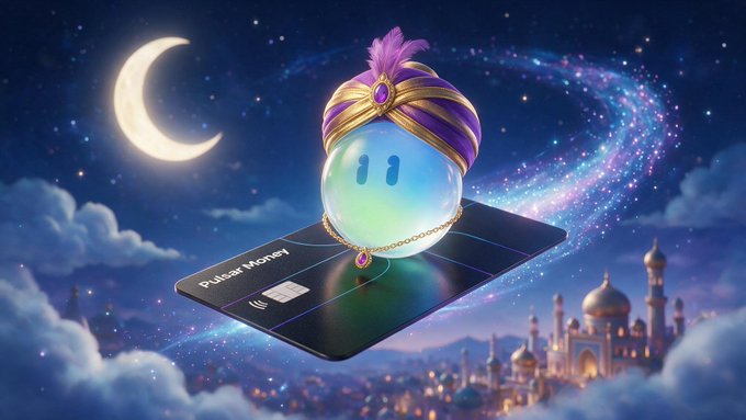 A whimsical 3D illustration features a glass orb character wearing a purple and gold turban, resting on a 'Pulsex Money' debit card against a fantasy night sky with a crescent moon and palace.