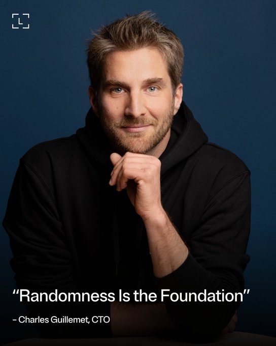 A portrait of a man in a black hoodie against a blue background, with a quote reading "Randomness Is the Foundation" attributed to Charles Guillemet, CTO.
