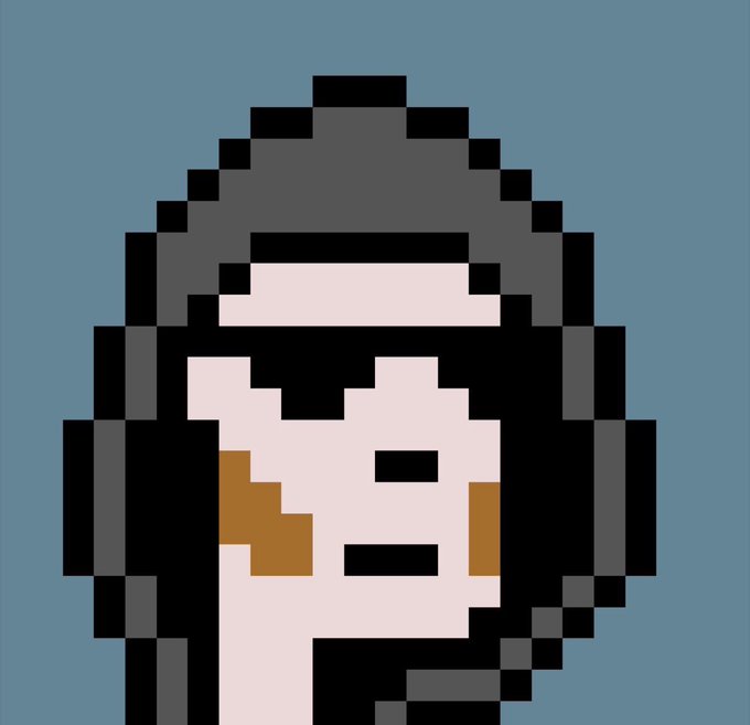 A pixel art portrait of a person wearing a dark gray beanie and headphones against a teal background, with the face partially obscured in shadow.