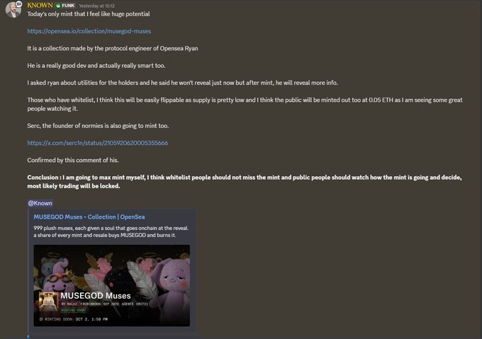 A Discord message from 'KNOWN' in the 'FUNK' channel discusses a mint that 'feel like huge potential' related to MUSEGOD Muses collection, including an OpenSea link and a thumbnail showing pink plush toys.