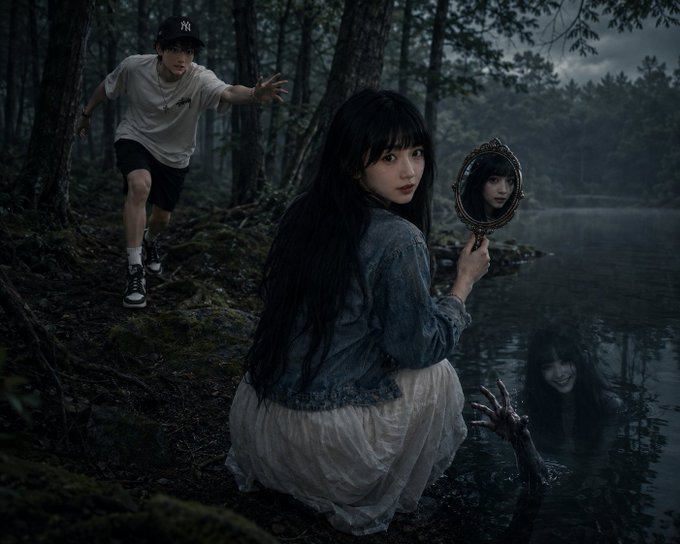 The image, paired with a cautionary crypto-security skit, shows a man in a Yankees cap reaching out in panic toward a woman by a misty lake who holds a mirror reflecting her face—while a ghostly reflection and an emerging skeletal hand from the water symbolize the "wallet being dragged into the abyss" after the user reveals their seed phrase to a scammer.