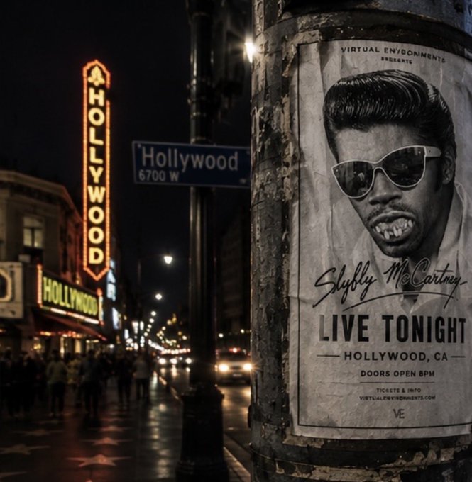 A street poster on a pole advertising "Shybo McCartney LIVE TONIGHT" in Hollywood, CA, with a "Hollywood 6700 W" street sign visible in the background.