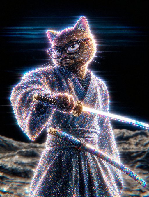 Digital art of a cat wearing glasses and traditional robes, wielding a katana sword against a dark background.
