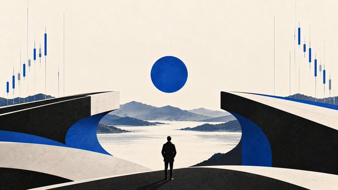 A minimalist illustration of a person standing between two large platforms looking at a lake and mountains, with a blue circle in the sky and financial candlestick charts on the sides.
