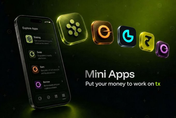 A smartphone displays the "Explore Apps" menu of the **tx** super app, featuring mini apps labeled "Staking," "Swap," "Earn," and "Borrow," alongside floating 3D icons representing each DeFi function and the tagline "Mini Apps — Put your money to work on tx." The image visually reinforces the post's message by showcasing how the self-custody wallet extends into a full DeFi ecosystem through these integrated mini apps for trading, lending, staking, and governance.