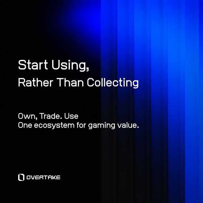 A dark blue gradient promotional graphic for OVERTAKE displays the headline "Start Using, Rather Than Collecting" with the tagline "Own, Trade. Use. One ecosystem for gaming value." The image reinforces the post's message by emphasizing active participation and movement of gaming assets within a unified ecosystem rather than passive collection.