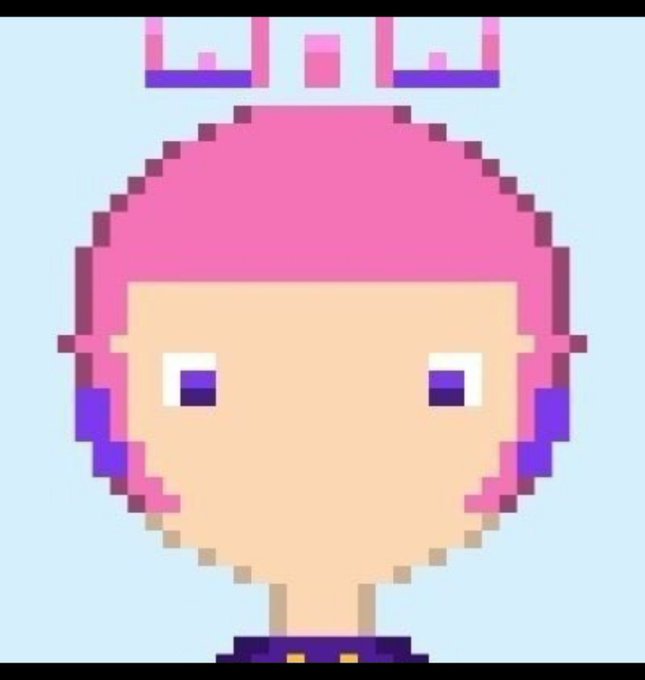 A pixel art illustration depicts a character with pink hair and purple highlights, simple dot eyes, wearing a dark purple shirt against a light blue background with pink and purple pixel elements above.