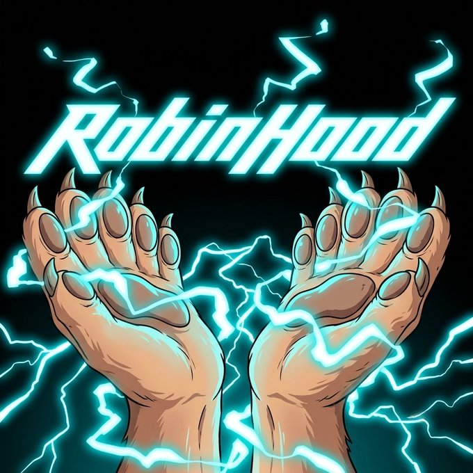 The image features two monstrous, clawed hands raised in a power pose, crackling with bright teal-blue lightning, beneath the stylized text "RobinHood." While the post references a "RoBearN" NFT community of bears and vaults, the image visualizes that same idea of strength and rising energy—tying the playful bear-hood mascot concept to the electrifying, bold identity the project aims to build.