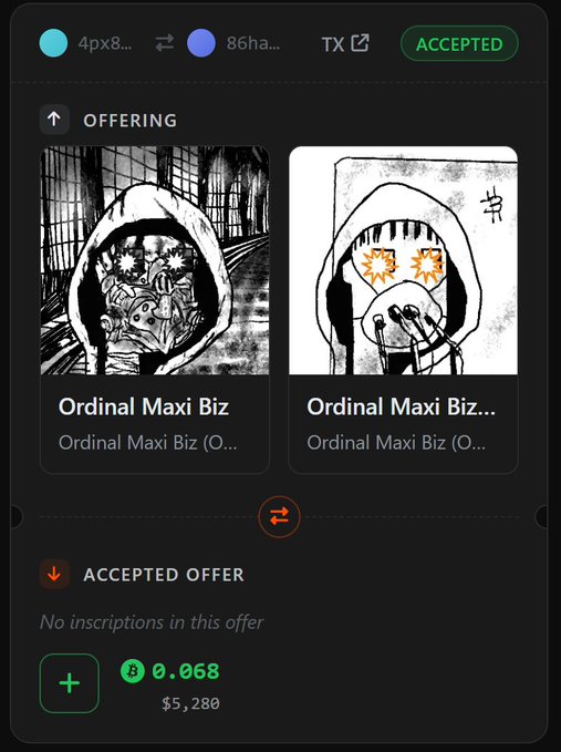 A cryptocurrency trading interface shows an accepted offer for two 'Ordinal Maxi Biz' NFTs valued at 0.068 BTC ($5,280), with wallet addresses partially visible at the top.