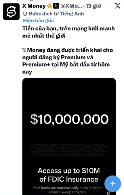 A Vietnamese-language tweet from X Money announcing the rollout of their service for Premium and Premium+ users in the US, promoting FDIC insurance of up to $10M.