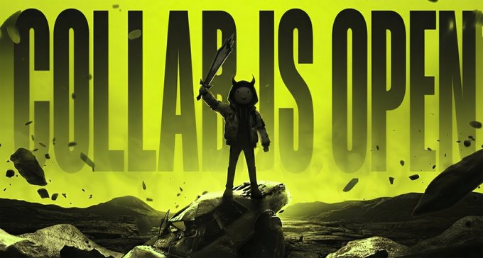 A hooded figure wearing a horned mask stands triumphantly atop rocky debris, silhouetted against a vibrant yellow-green sky, wielding a sword in the air. The bold black text "COLLAB IS OPEN" looms behind them, reinforcing the announcement that the collaboration opportunity is still available but closing soon.