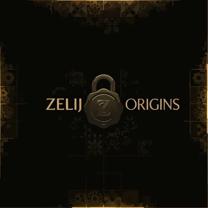 The image features a black background with a gold lock and key, which are the main elements of the design. The text "Zelij Origins" is written above the lock and key, indicating that this is an art piece or a logo related to the artist or the concept of the artwork. The post also mentions that the artwork was minted 2 @ZelijOrigins NFTs, which means it has been officially recognized as a digital asset by the artist. Additionally, there are specks of gold throughout the image, adding to its visual appeal and emphasizing the connection between the lock and key elements.