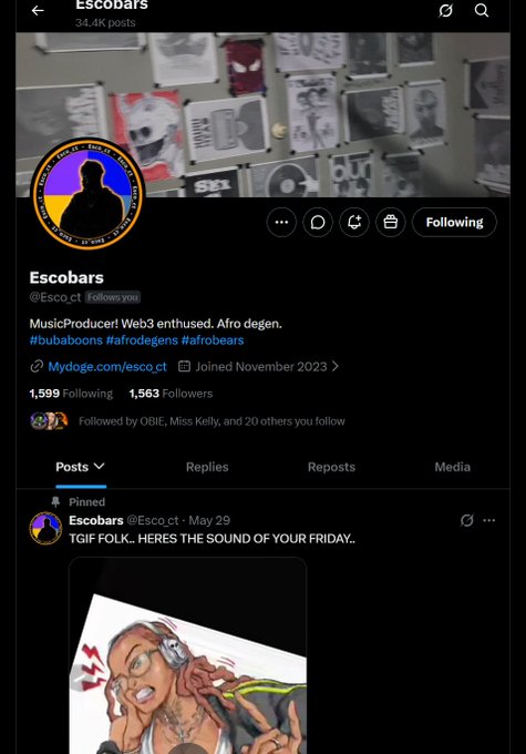 A screenshot of an X (Twitter) profile for 'Escobars' (@Esco_ct) describing themselves as a 'MusicProducer! Web3 enthused. Afro degen.' with hashtags #bubaboons #afrodegens #afrobears and 1,563 followers.