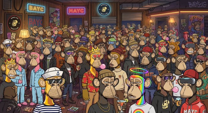 The image features a large group of cartoon monkeys standing together, with some wearing hats and others holding drinks. The scene takes place inside a bar or nightclub setting, as indicated by the neon signs above them. The crowd consists of various characters from different comic books, creating an interesting and colorful atmosphere. The post accompanying this image provides information about the artist who created it and possibly includes details about the artwork itself.