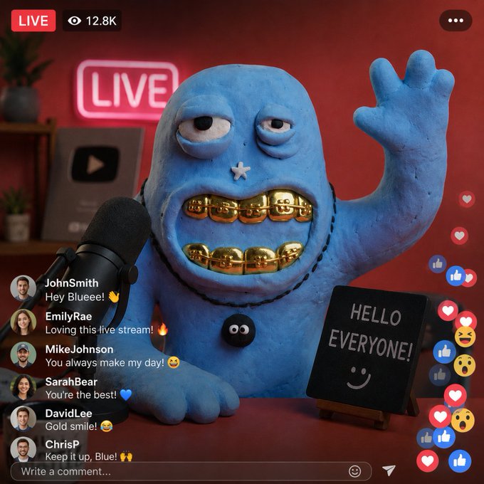 The image features a cartoon character, possibly a blue monster or a robot, sitting at a table with a microphone. The character has gold teeth and a gold necklace around its neck. There are several people interacting with the character through text messages on social media platforms like Facebook Messenger, Instagram, and Twitter. The post encourages viewers to participate in an online event by writing a comment about the image or tagging their friends who might be interested in joining the live stream.