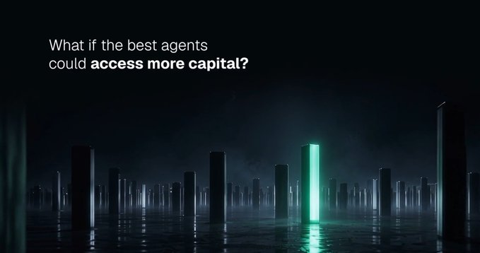 A dark promotional graphic with the text 'What if the best agents could access more capital?' displayed above glowing vertical pillars in a moody, atmospheric setting.