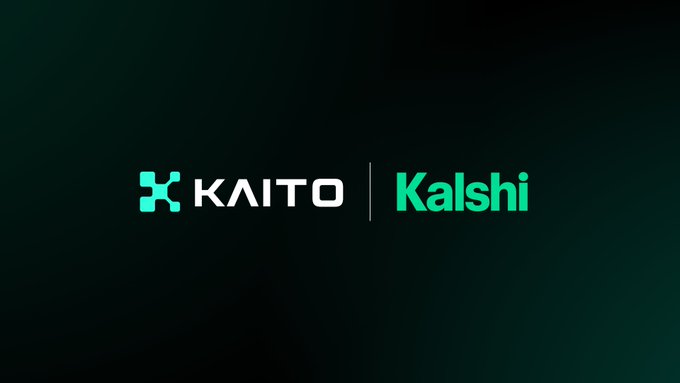 The image displays a co-branded logo featuring "KAITO" in white text alongside a stylized icon, paired with "Kalshi" in teal, separated by a vertical line on a dark gradient background. The graphic represents a partnership or collaboration between KAITO and Kalshi, suggesting an announcement or integration between the two entities.