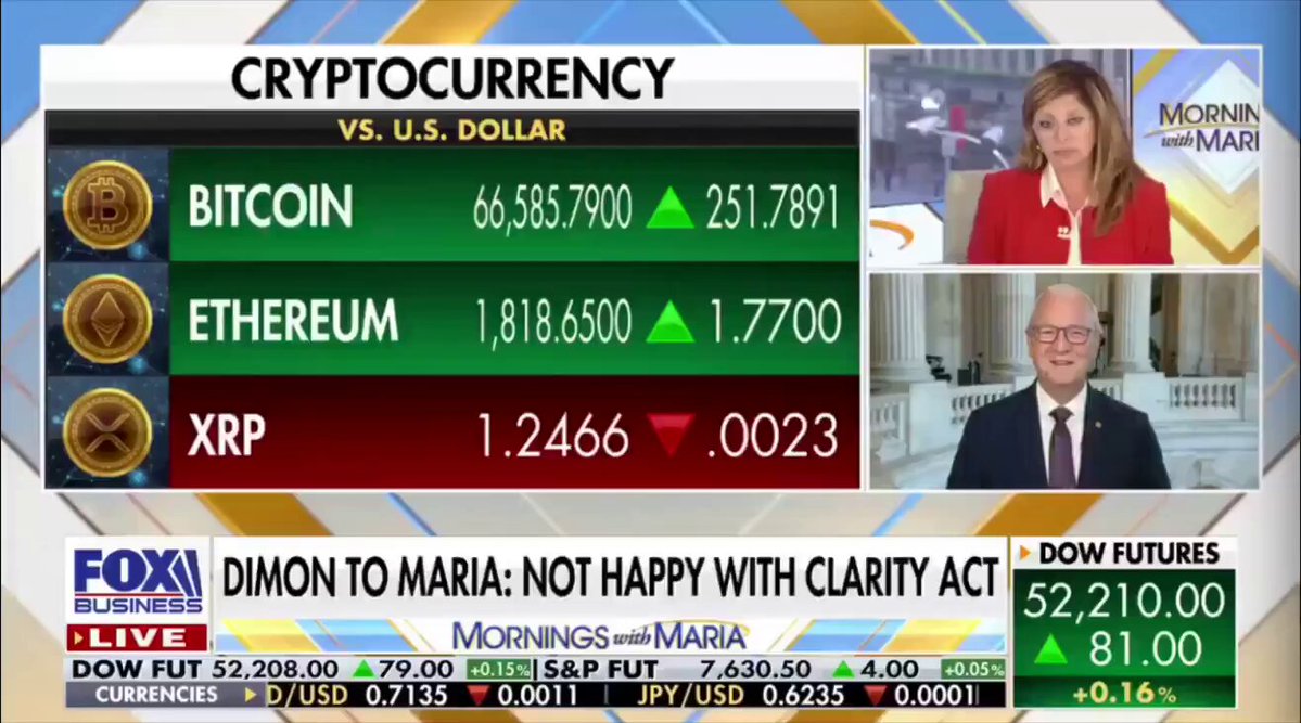 The image shows a news segment featuring two people talking about Bitcoin currency fluctuations over some other financial topics including the current U.S Dollar value, and XRP trading. The first person, positioned above the top left corner of the image, appears to be discussing Cryptocurrency with another person situated below them on the right side. They are both standing close together while talking, possibly about potential changes in cryptocurrency values or how it is related to the current global financial climate.