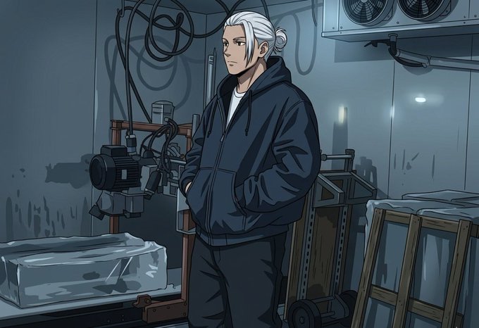 An anime-style illustration of a man with white hair tied in a bun, wearing a dark hoodie and standing in an industrial-looking room with machinery.