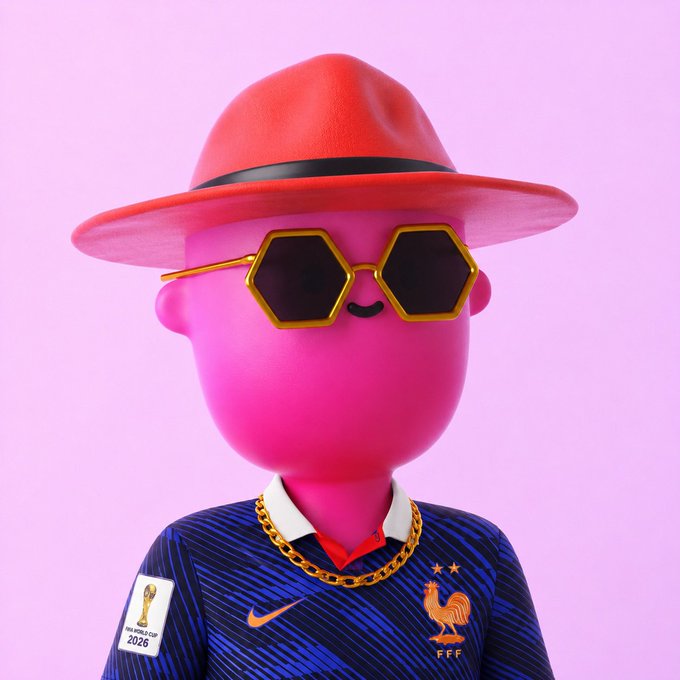 A pink, stylized figurine wears a red fedora with a black band and hexagonal gold-rimmed sunglasses, dressed in a navy blue striped soccer jersey featuring the FFF crest with two stars, a Nike swoosh, a gold chain, and an official FIFA World Cup 2026 patch.