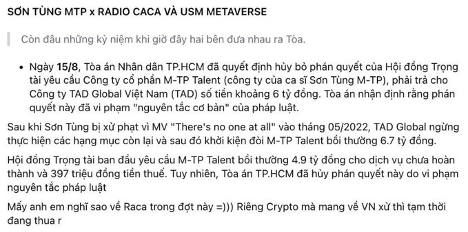 A Vietnamese text post titled 'SƠN TÙNG MTP x RADIO CACA VÀ USM METAVERSE' discussing a court decision on August 15 involving Sơn Tùng M-TP, M-TP Talent, and TAD Global Việt Nam regarding a 6 billion VND dispute.
