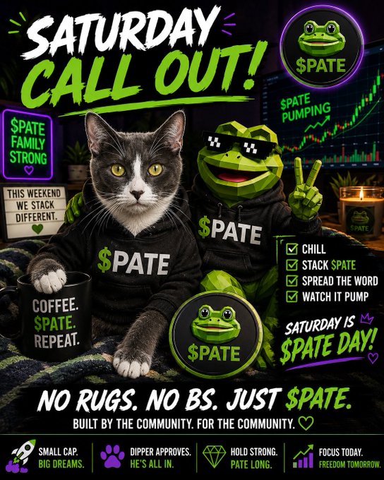 A promotional graphic titled "SATURDAY CALL OUT!" features Dipper the cat and a sunglasses-wearing frog mascot both wearing "$PATE" hoodies, surrounded by slogans like "$PATE FAMILY STRONG," "THIS WEEKEND WE STACK DIFFERENT," and "SATURDAY IS $PATE DAY!" The image complements the post's theme of an all-weekend $PATE pump watch party, reinforcing the "no rugs, no BS, just $PATE" community-driven vibe and Dipper's stamp of approval on the frog-led crypto movement.