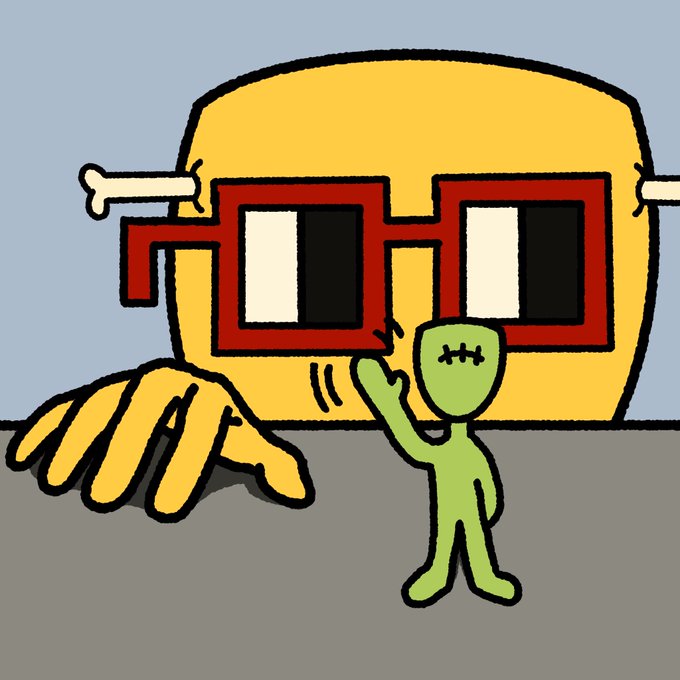 A cartoon illustration of a giant yellow blocky character with red glasses peering over a gray surface, while a small green stitched figure waves at it.