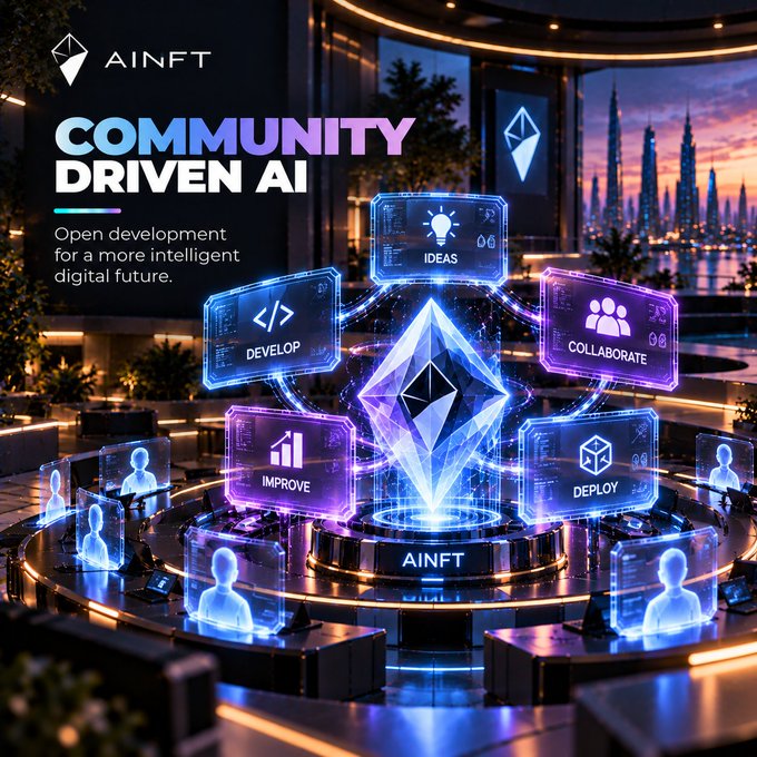 A futuristic promotional graphic for 'AINFT' featuring the tagline 'COMMUNITY DRIVEN AI - Open development for a more intelligent digital future,' showcasing holographic displays labeled 'IDEAS,' 'DEVELOP,' 'COLLABORATE,' 'IMPROVE,' and 'DEPLOY.'