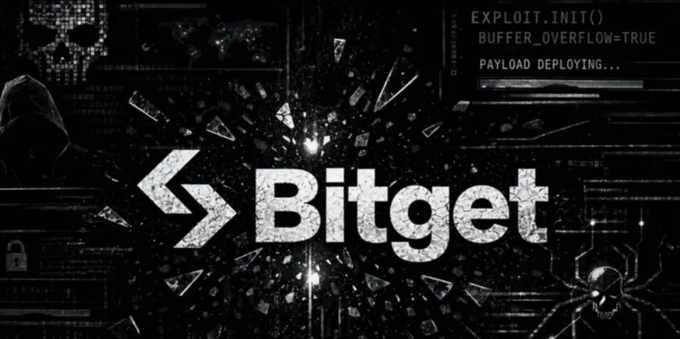 A dark hacker-themed graphic displaying the 'Bitget' logo with shattered glass effects and text reading 'EXPLOIT.INIT() BUFFER_OVERFLOW=TRUE PAYLOAD DEPLOYING...'