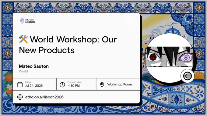 An event announcement card for ETHGlobal Lisbon's 'World Workshop: Our New Products' by Mateo Sauton on Friday, July 24, 2026, at 4:30 PM in the Workshop Room, overlaid on an anime character and Portuguese tile background.