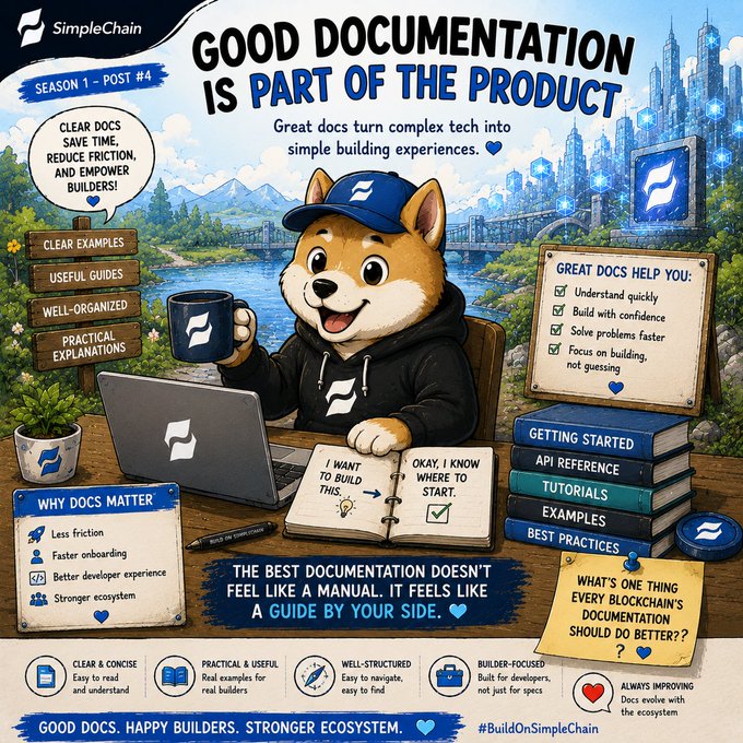 An illustration of a Shiba Inu dog wearing a SimpleChain cap working on a laptop, surrounded by text promoting documentation as part of the product, with lists like 'CLEAR EXAMPLES' and 'GREAT DOCS HELP YOU'.