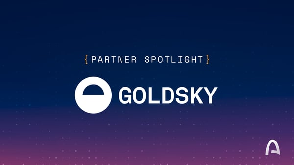 The image features a logo for a company named "Goldskyio" that has been tagged with the hashtag "#Arc". The text "Partner Spotlight" is displayed below the logo, indicating that this is an article or blog post about the company's partnership with the Arc ecosystem. The post also mentions that the company is joining the Arc Builders Fund and providing support for data infrastructure teams to build faster and scale smarter.