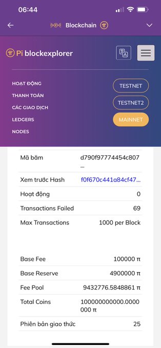 A Pi blockexplorer mobile app interface on TESTNET/TESTNET2/MAINNET showing block details including hash, failed transactions, and base fees.