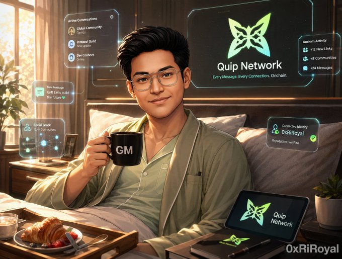 A digital illustration of a young man in pajamas holding a 'GM' mug in bed, surrounded by futuristic UI panels advertising 'Quip Network' and displaying the username 'OxRiRoyal'.
