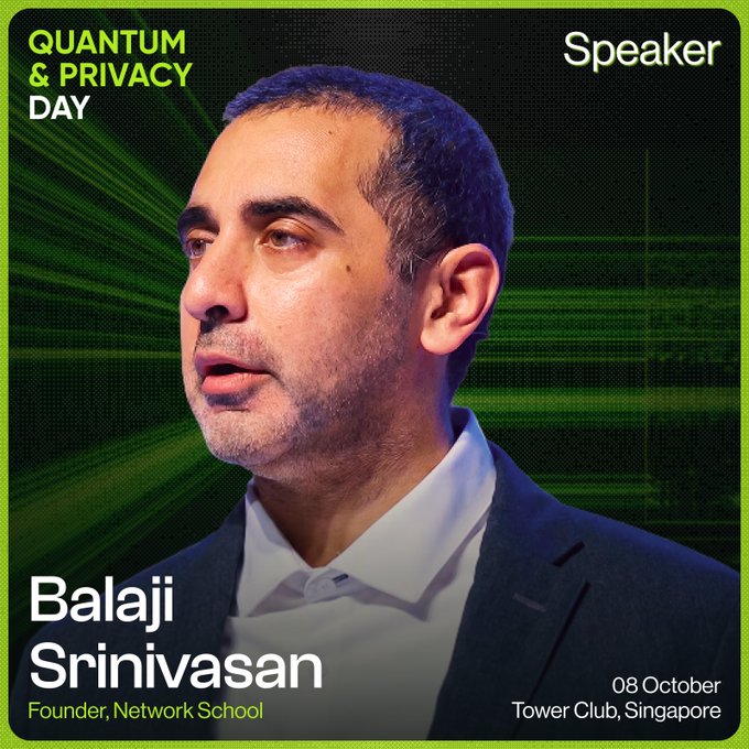 A promotional graphic for "Quantum & Privacy Day" features a profile photo of speaker **Balaji Srinivasan**, Founder of Network School, with event details noting the date **08 October** at **Tower Club, Singapore**, aligning with the post announcing his appearance at the NEAR and Quantus co-hosted event during TOKEN2049.