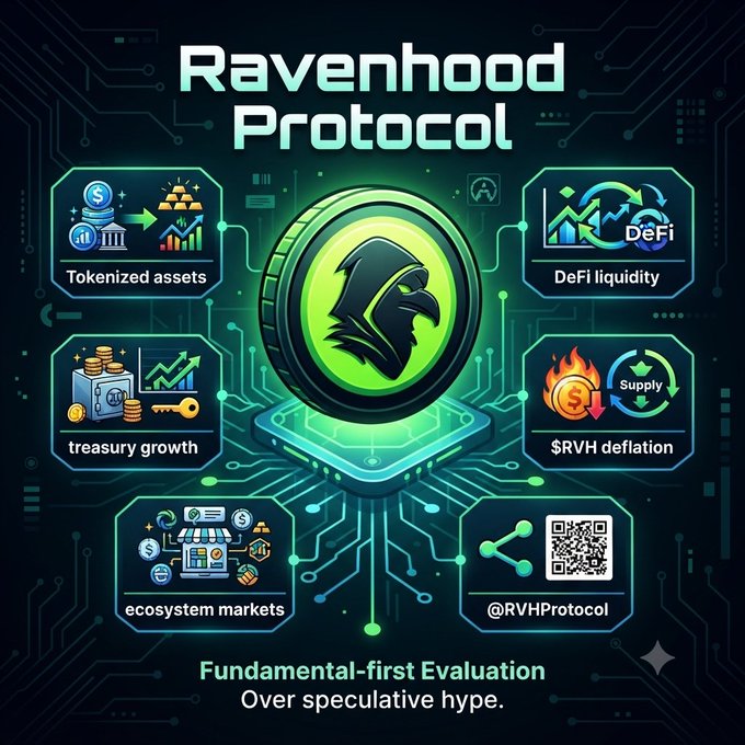 A promotional infographic for 'Ravenhood Protocol' ($RVH) highlighting features like tokenized assets, DeFi liquidity, treasury growth, $RVH deflation, and ecosystem markets.