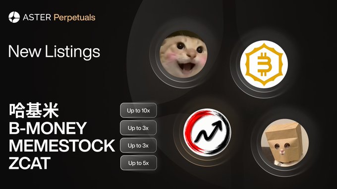 Aster Perpetuals announces new listings for 哈基米 (up to 10x), B-MONEY (up to 3x), MEMESTOCK (up to 3x), and ZCAT (up to 5x), featuring cat and Bitcoin imagery.