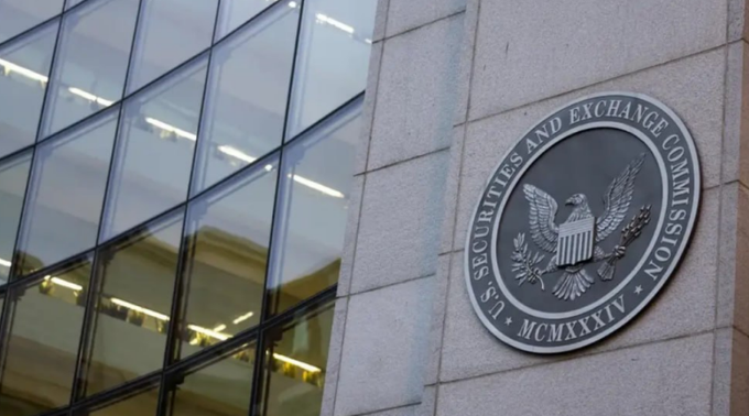 The U.S. Securities and Exchange Commission (SEC) seal is mounted on the exterior wall of a modern glass building, with 'MCMXXXIV' inscribed at the bottom.