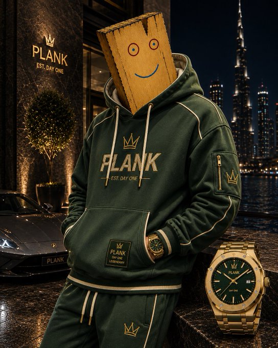 An AI-generated advertisement showing a figure wearing a 'PLANK EST. DAY ONE' green hoodie with a smiling wooden plank for a head, standing in front of the Burj Khalifa with a gold 'PLANK' watch displayed.
