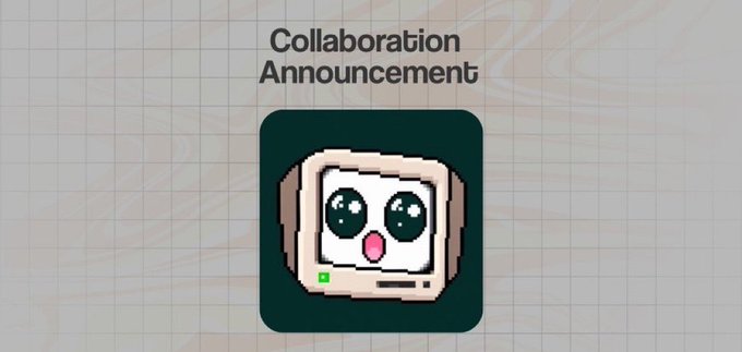 A pixel-art style graphic featuring a retro computer monitor with a cute, anime-like face displaying large eyes and an open mouth, set against a wavy grid background with the text 'Collaboration Announcement' above it.