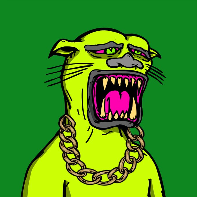 A bold cartoon illustration of a snarling green feline creature with sharp yellow fangs, pink glowing eyes, and a thick gold chain necklace against a green background.